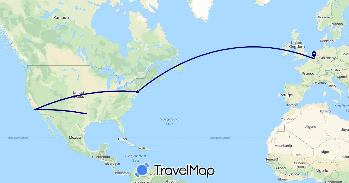 TravelMap itinerary: driving in Belgium, United States (Europe, North America)
